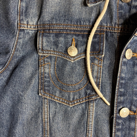 True Religion Men’s Blue Denim Trucker Hoodie Jacket Large - Picture 3 of 11